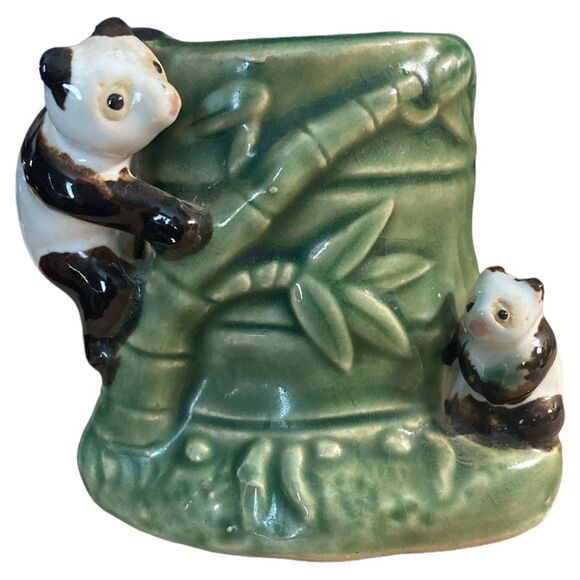 Vintage Majolica Panda Planter Vase: Mom & Baby Ceramic Figurine - Picture 7 of 7